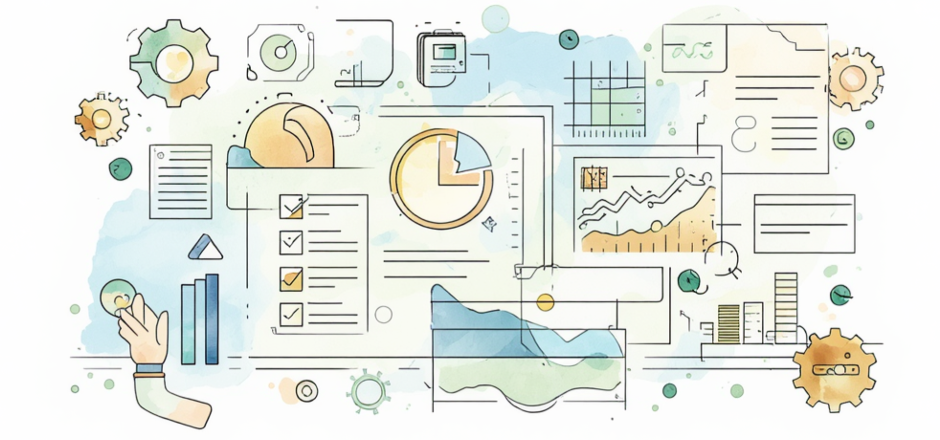 Watercolor illustration with digital tools, checklists, charts, and gears, symbolizing GESWO Consulting Products for structured project management and governance models