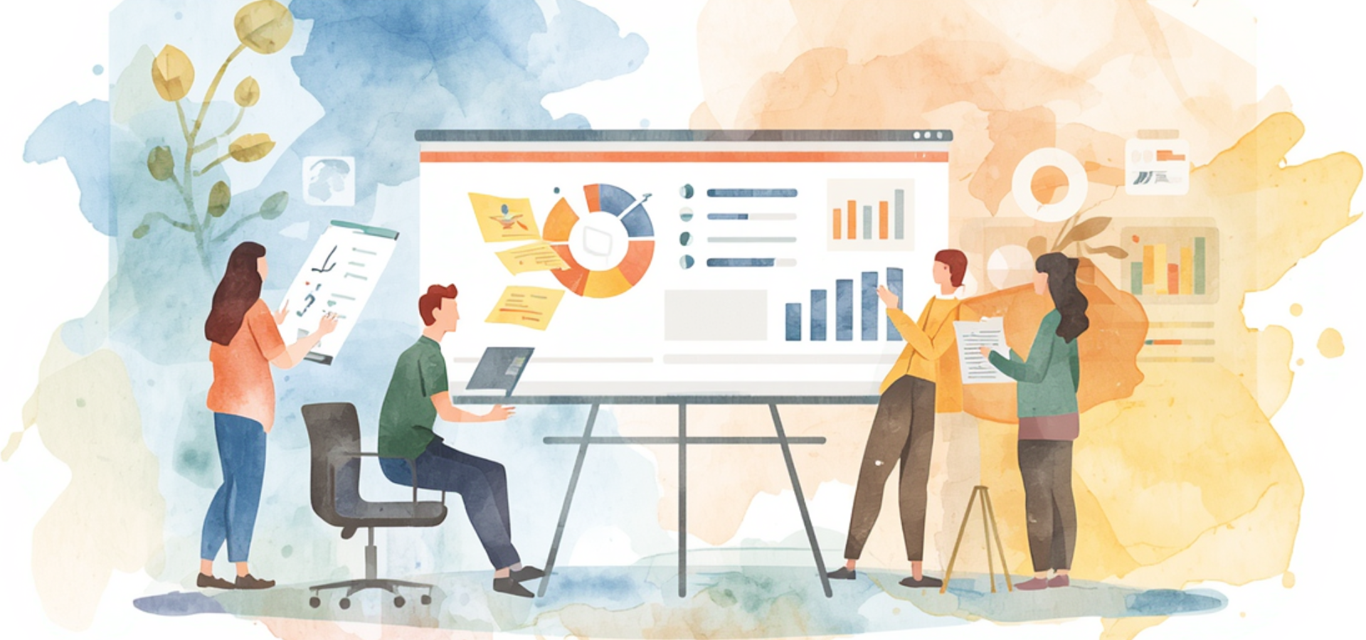 Watercolor illustration with people collaborating around documents and digital screens, symbolizing GESWO Consulting Services in project management and cutover planning