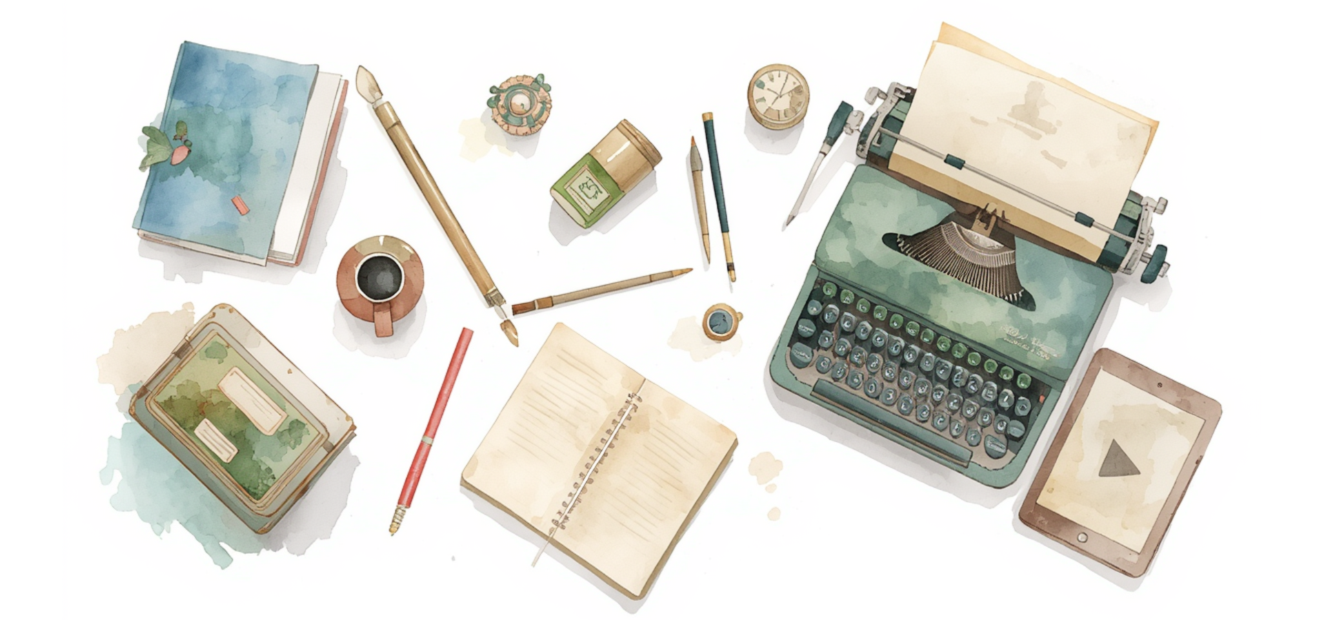 Watercolor illustration with books, typewriter, and tablet, symbolizing GESWO Editorial publishing and training materials