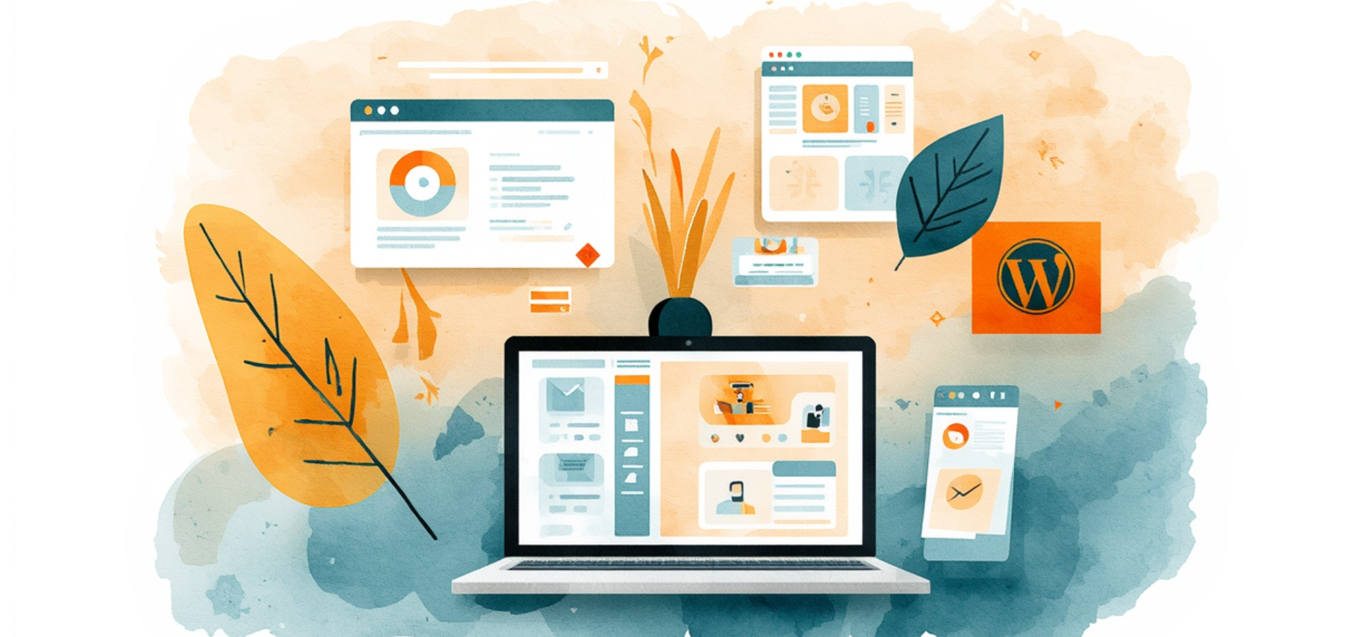 Watercolor illustration with laptop and browser windows, symbolizing GESWO Web Design services