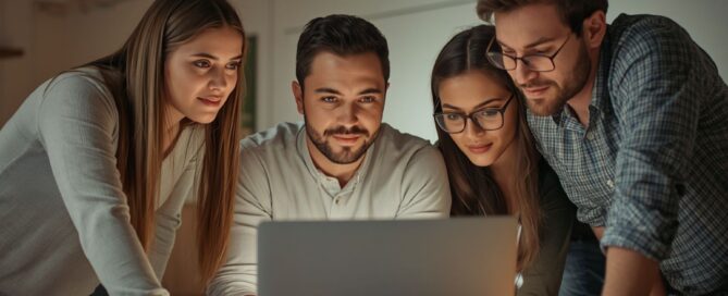 Un equipo comercial que trabaja conjuntamente en una sala de reuniones en la planificación y el control estratégicos de la transición.