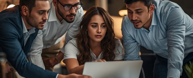 Das Projektteam arbeitet gemeinsam an einem Laptop und prüft dabei strukturierte Cutover-Vorlagen.