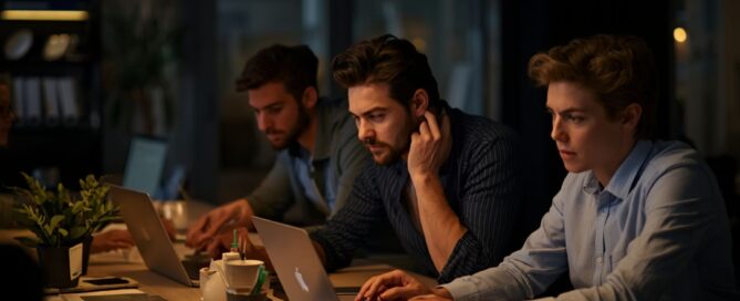 Ein Projektteam arbeitet bis spät in die Nacht im Büro und konzentriert sich darauf, Risiken im Zusammenhang mit dem Cutover sowie Herausforderungen beim Go‑Live zu bewältigen.
