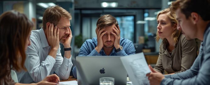 Frustrierte Mitarbeiter nach einer fehlgeschlagenen Systemmigration am Wochenende