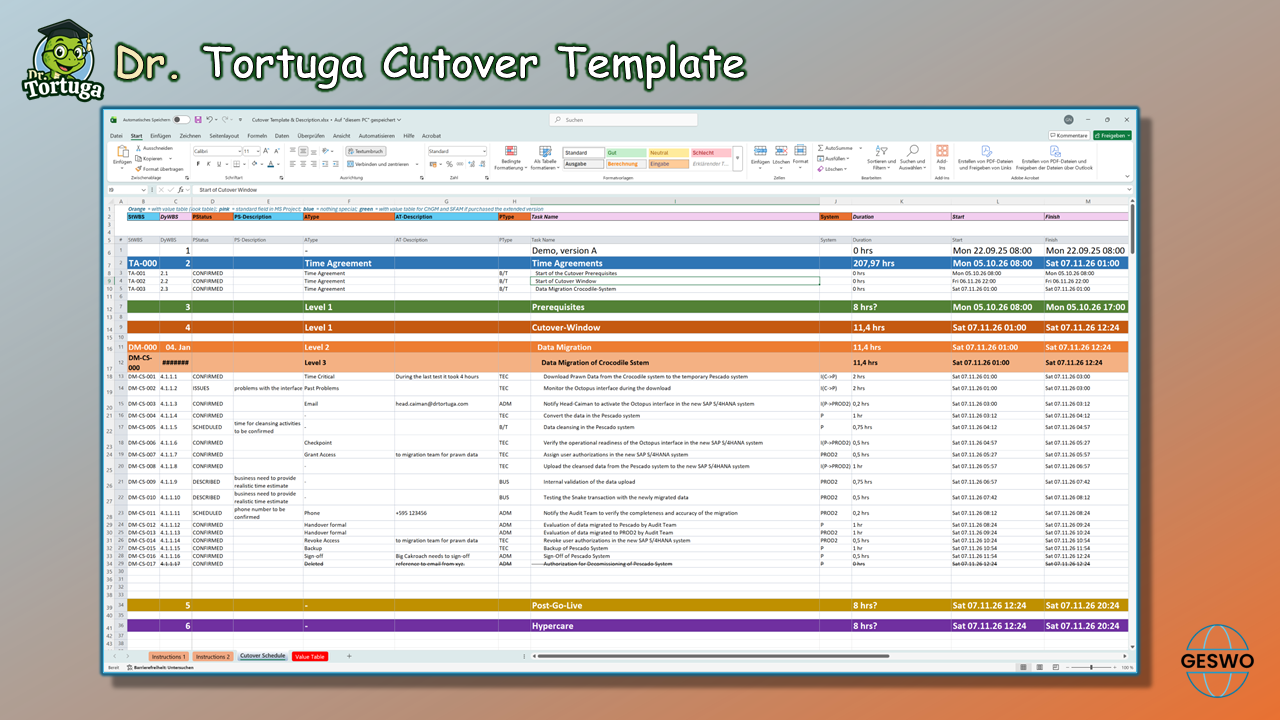 Ansicht des Cutover-Templates in Excel, ausschließlich als Fallback während der Planungsphase gedacht.
