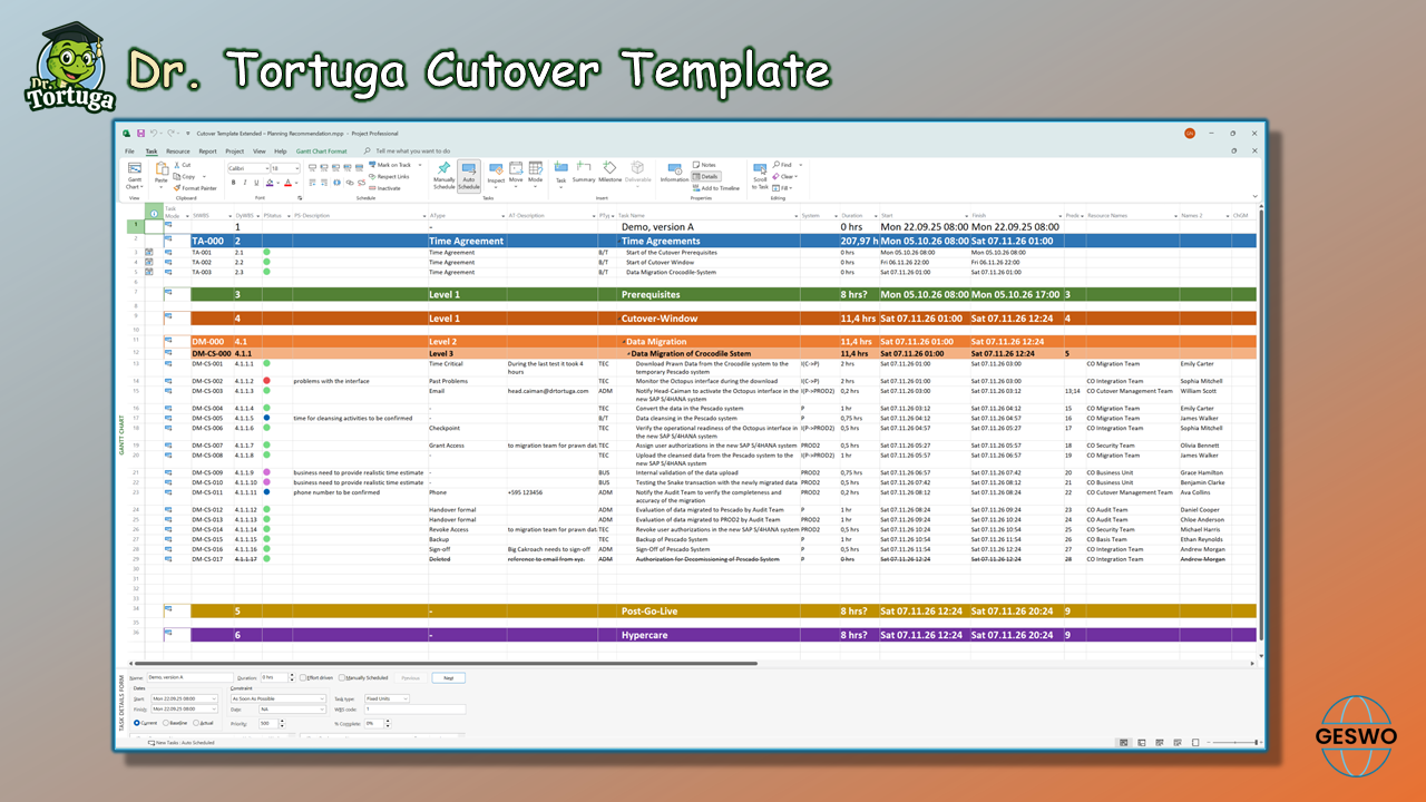 Ansicht des Cutover-Templates in MS Project